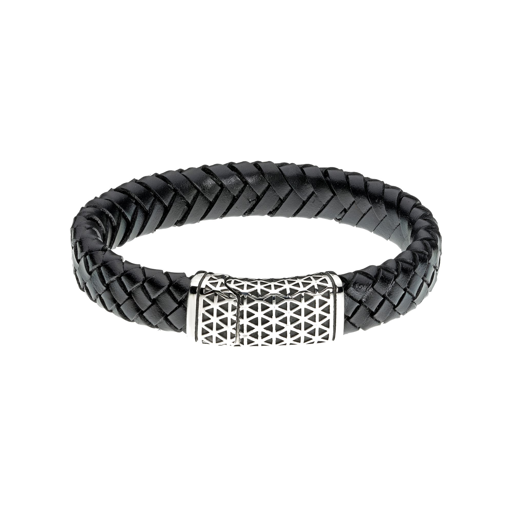 Mens LYNX Stainless Steel & Braided Leather Bracelet, Size: 8.5, Black
