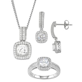 Classic Treasures Sterling Silver Cubic Zirconia Pendant Necklace, Ring & Drop Earring Set