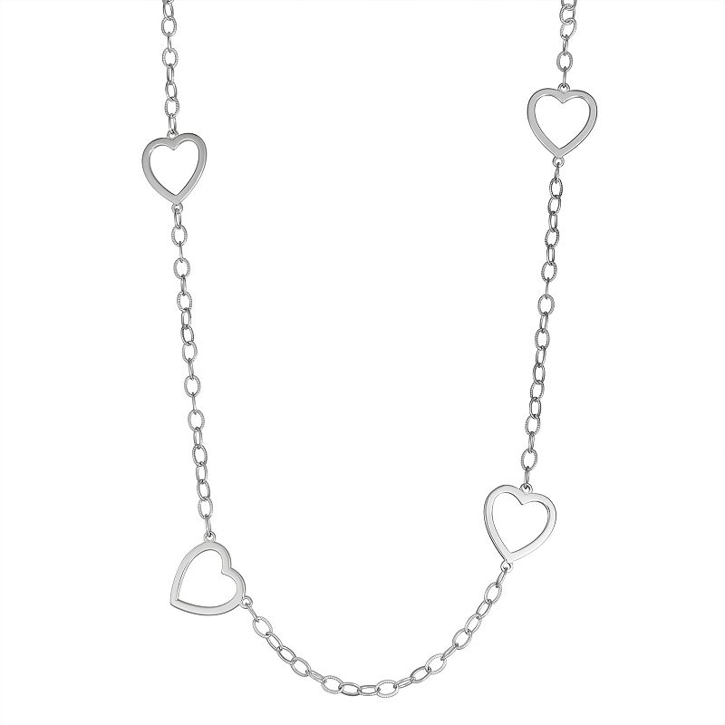 Sterling Silver Open Heart Station Necklace, Womens, Size: 18, White