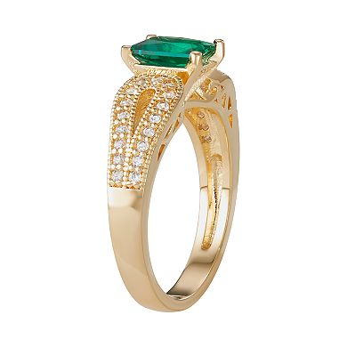 14K Yellow Gold over Sterling Silver Lab-Created Emerald & White Sapphire Ring
