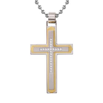 Gold LLC Men's Stainless Steel 1/10 C.T. Diamond Cross Pendant Necklace
