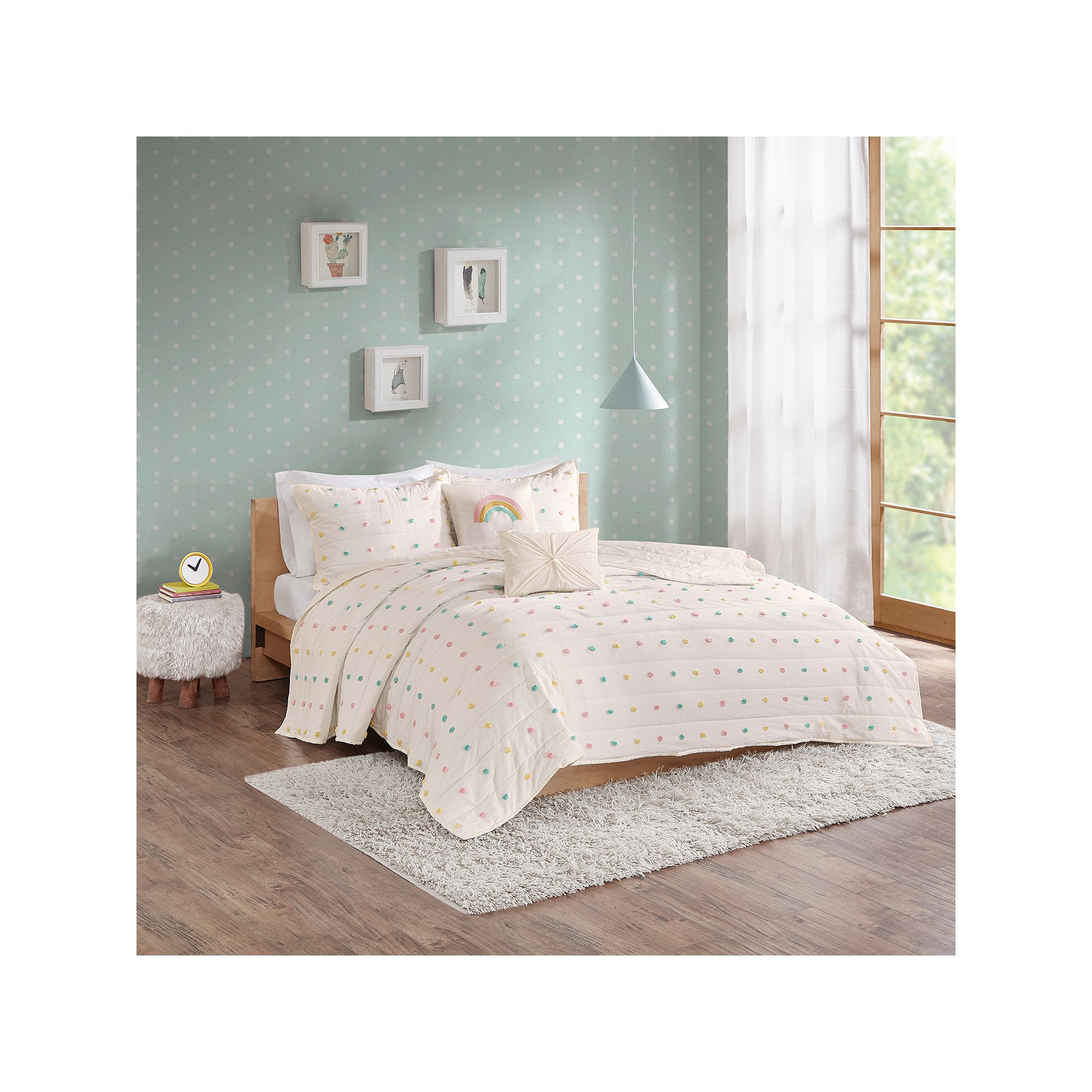 Intelligent Design Ensley Jacquard Pom Pom Cotton Quilt Set with Throw Pill