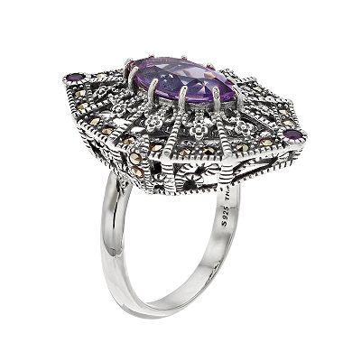 Lavish by TJM Sterling Silver Amethyst & Marcasite Adjustable Ring