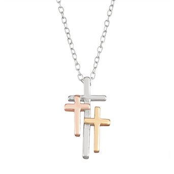 My Shield My Strength Tri Tone Sterling Silver Triple Cross Pendant