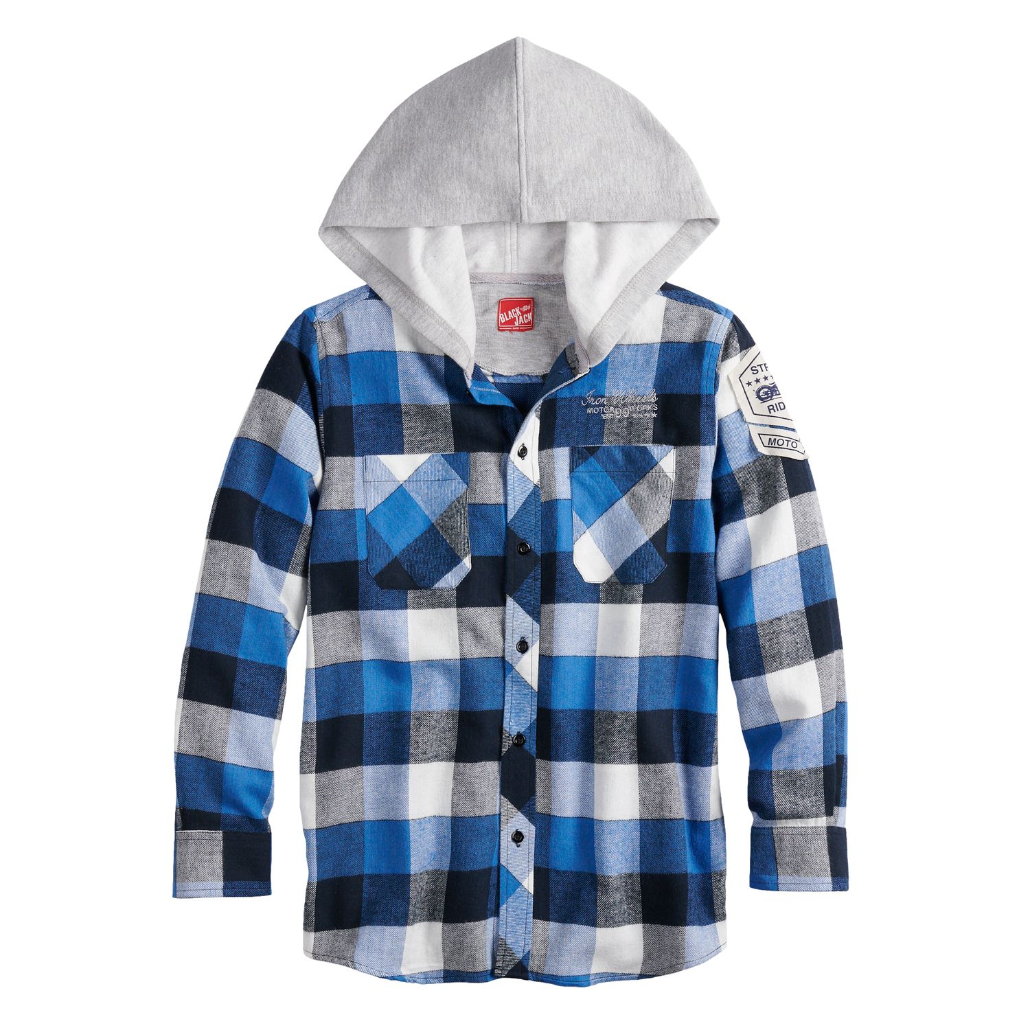 blue flannel with hood