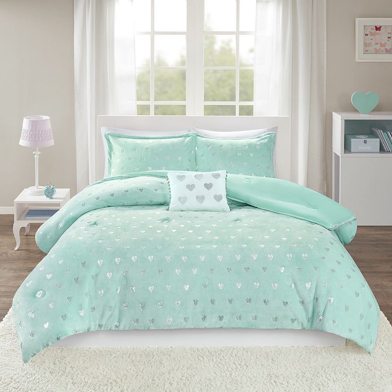 Mi Zone Jenna Metallic Heart Printed Comforter Set, Turquoise/Blue, Twin