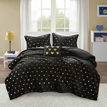 Intelligent Design Jenna Metallic Heart Printed Comforter Set with Throw Pillow