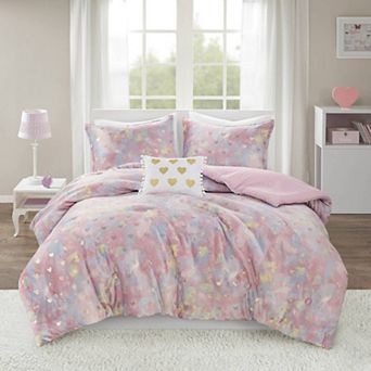 Intelligent Design Jenna Metallic Heart Printed Comforter Set with Throw Pillow