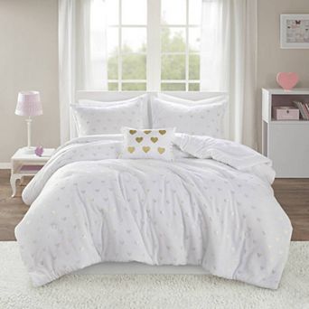 Intelligent Design Jenna Metallic Heart Printed Comforter Set with Throw Pillow