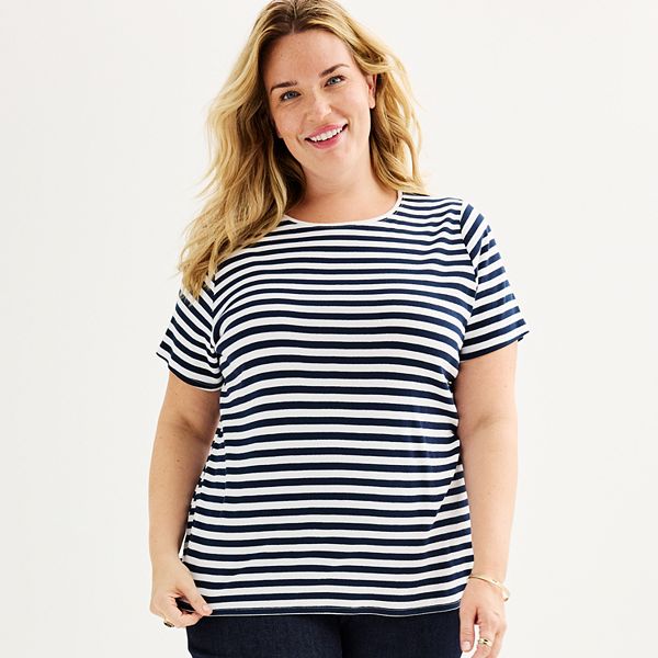 Plus Size Croft & Barrow® Essential Crewneck Tee - Navy Classic Stripe (2X)