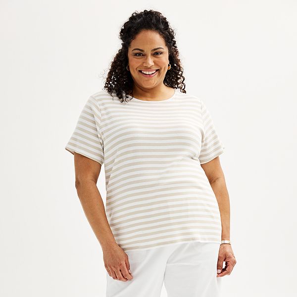 Plus Size Croft & Barrow® Essential Crewneck Tee - Tan Classic Stripe (3X)