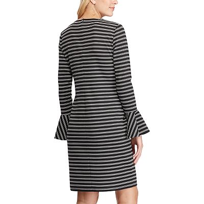 chaps black and white dress Chaps Black White Mini-Polka-Dot Floral Knee-Length Dress Belted Stretch M