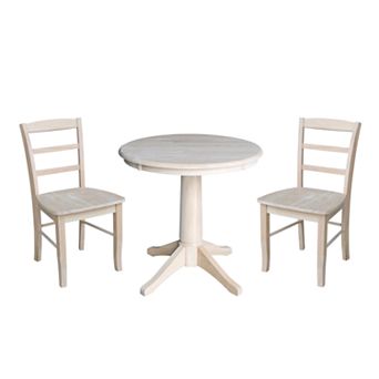 International Concepts Unfinished Pedestal Table with 2 Madrid Chairs