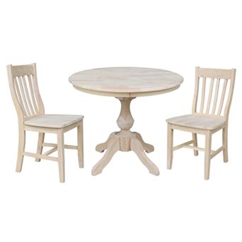 International Concepts Unfinished Pedestal Table with 2 Cafe Chairs