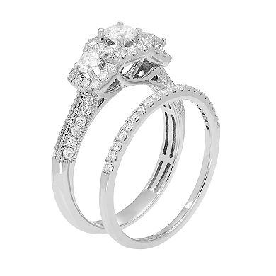 14k Gold 1 Carat T.W. IGL Certified Diamond 3-Stone Engagement Ring Set
