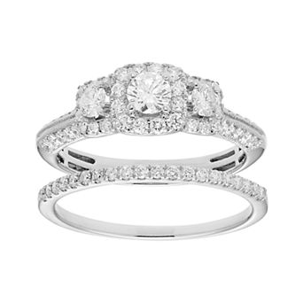 The Regal Collection 14k Gold 1 Carat T.W. IGL Certified Diamond 3-Stone Engagement Ring Set