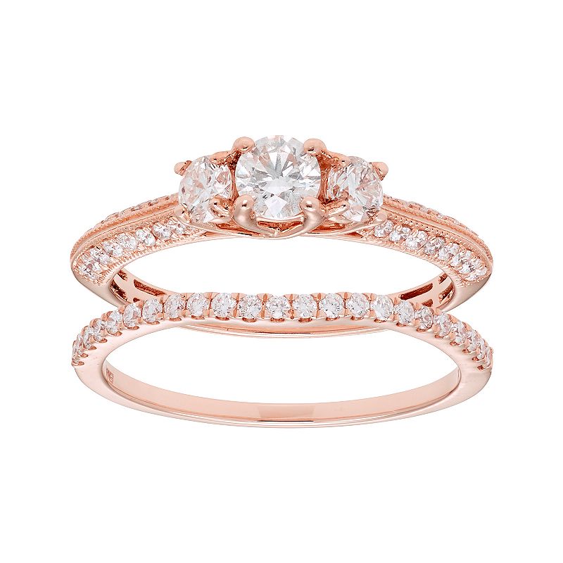 14k Gold 1 Carat T.W. IGL Certified Diamond 3-Stone Engagement Ring Set, Wo