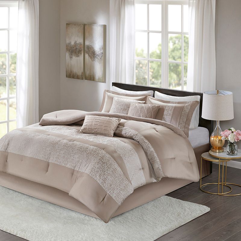 7pc King Anett Chenille Jacquard Comforter Set Taupe: Madison Park, Hypoallergenic, Pleated & Embroidered