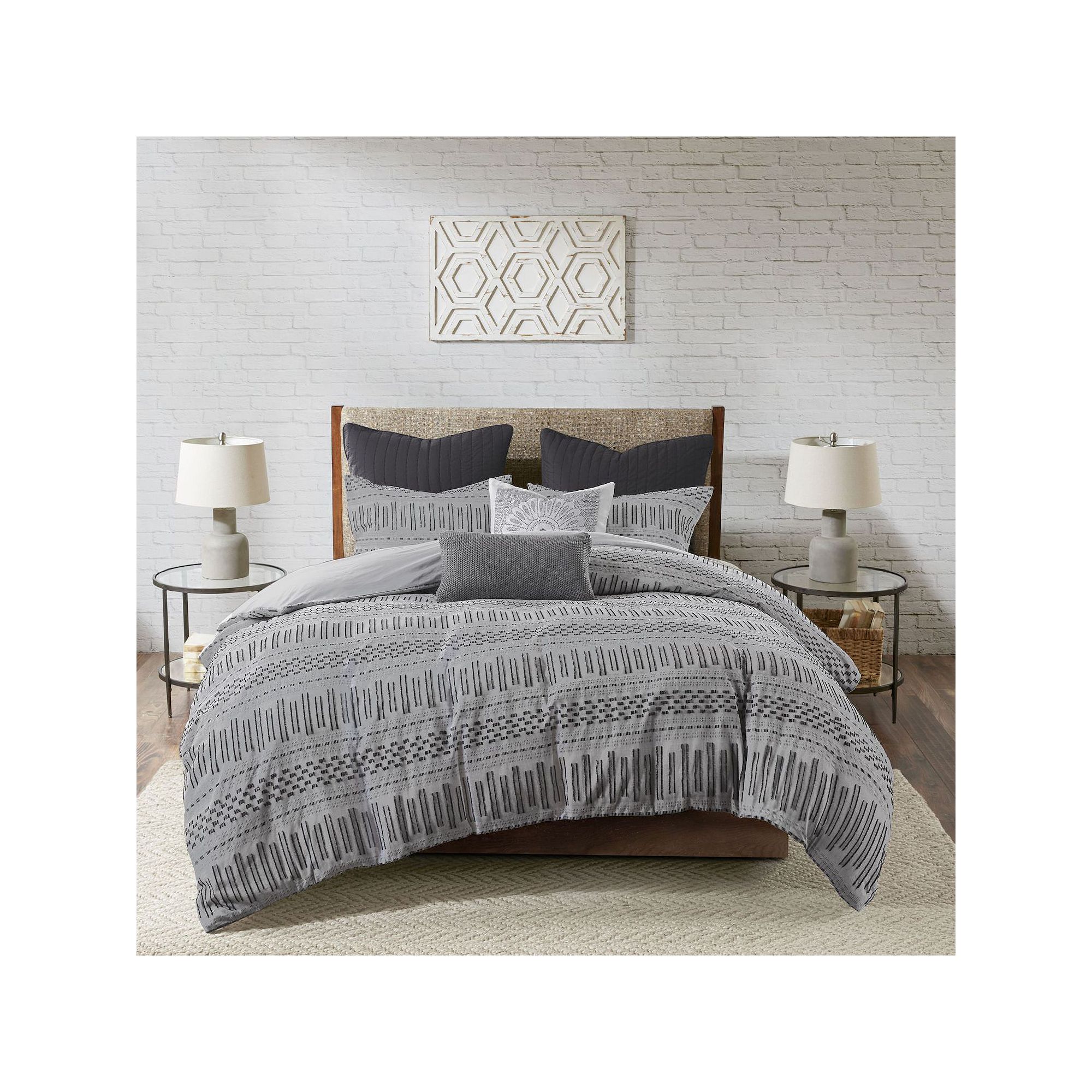 INK+IVY 3-piece Rhea Cotton Jacquard Duvet Cover Set with Shams, Gray Black