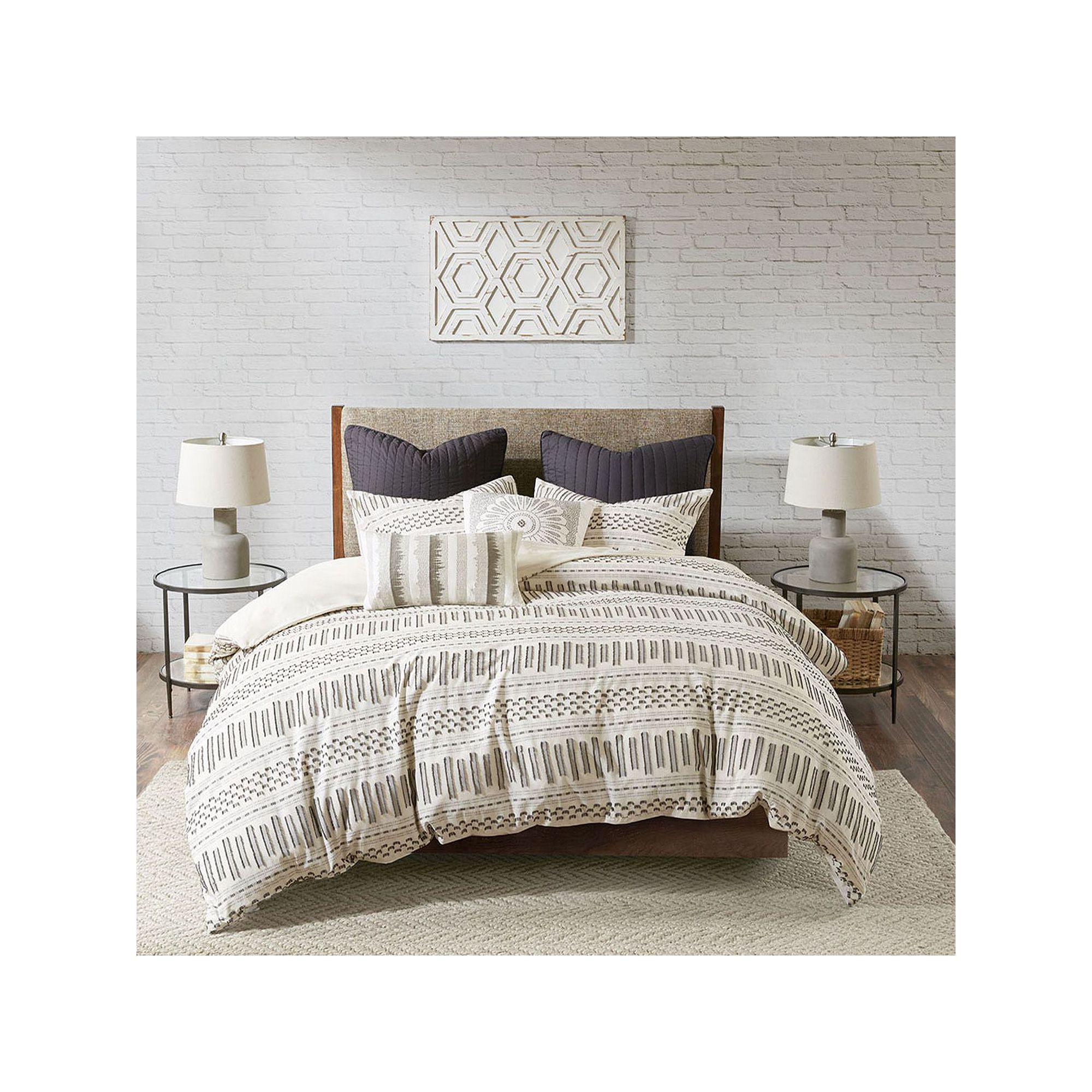 INK+IVY 3-piece Rhea Cotton Jacquard Duvet Cover Set with Shams, Ivory Grey