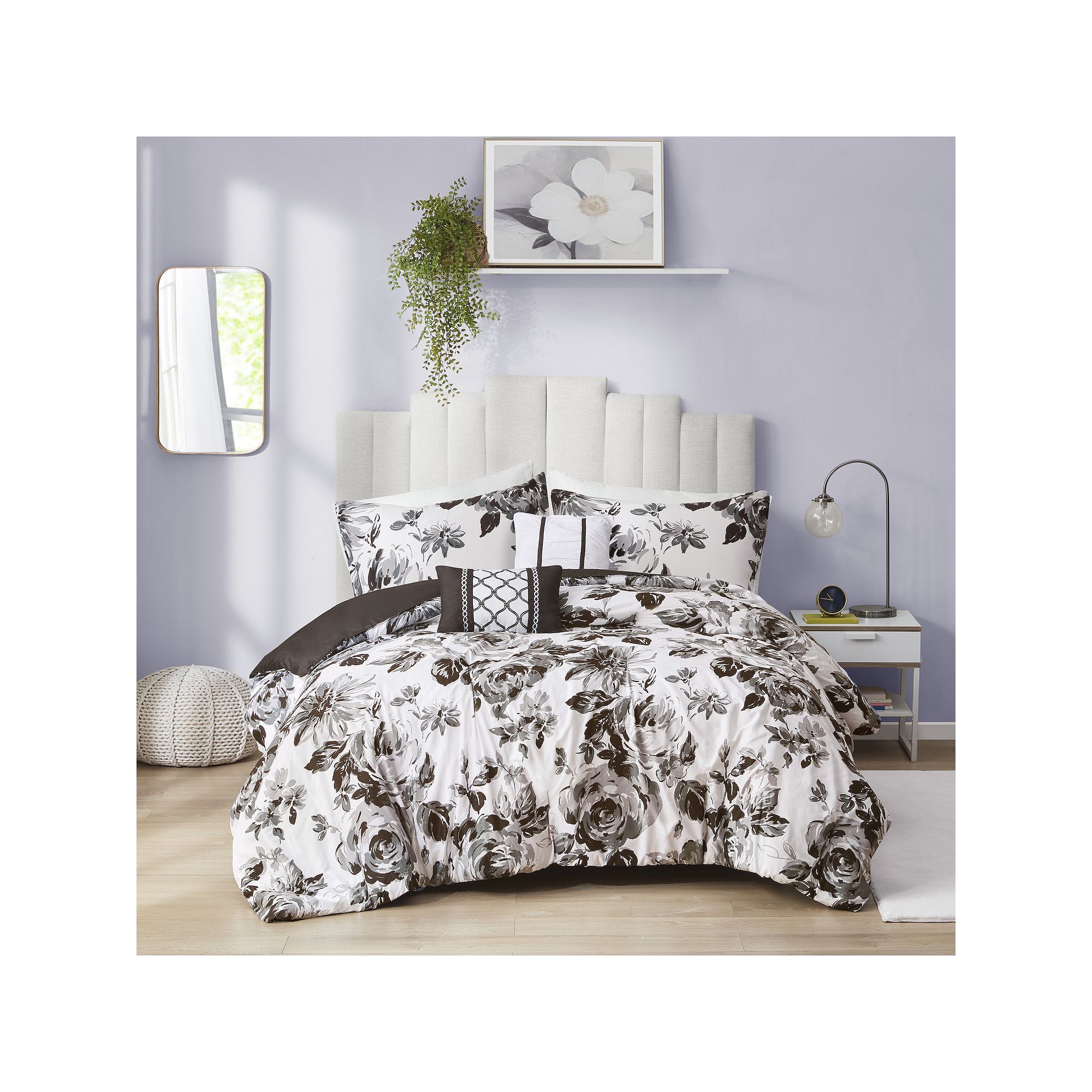Intelligent Design Renee Print Floral Comforter Set with Throw Pillows, Bla
