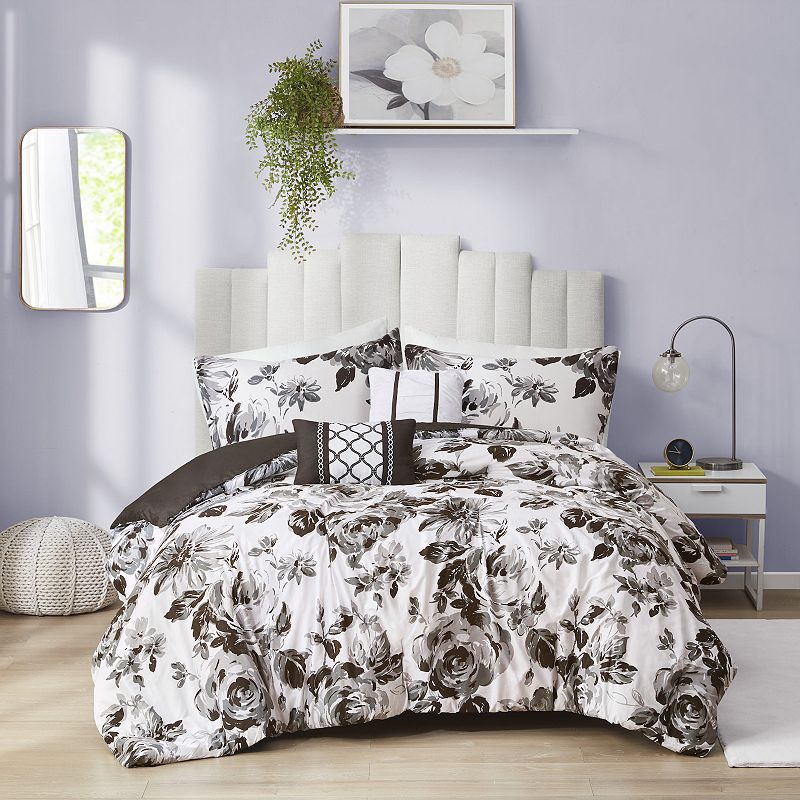 King/California King 5pc Hannah Floral Print Comforter Set - Black/White