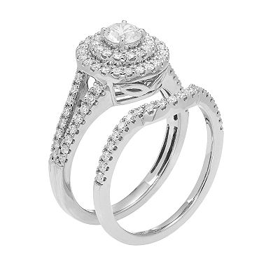 14k Gold 1 Carat T.W. IGL Certified Diamond Tiered Halo Engagement Ring Set