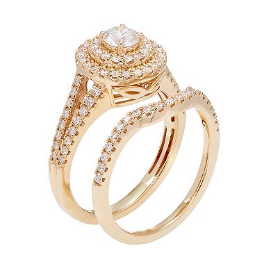 14k Gold 1 Carat T.W. IGL Certified Diamond Tiered Halo Engagement Ring Set