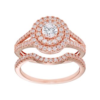 The Regal Collection 14k Gold 1 Carat T.W. IGL Certified Diamond Tiered Halo Engagement Ring Set
