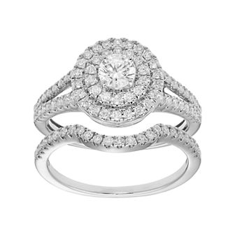 The Regal Collection 14k Gold 1 Carat T.W. IGL Certified Diamond Tiered Halo Engagement Ring Set