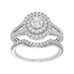 14k Gold 1 Carat T.W. IGL Certified Diamond Tiered Halo Engagement Ring Set
