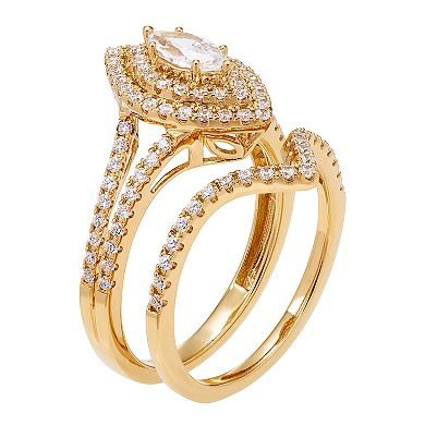 14k Gold 1 Carat T.W. IGL Certified Diamond Marquise Halo Engagement Ring Set