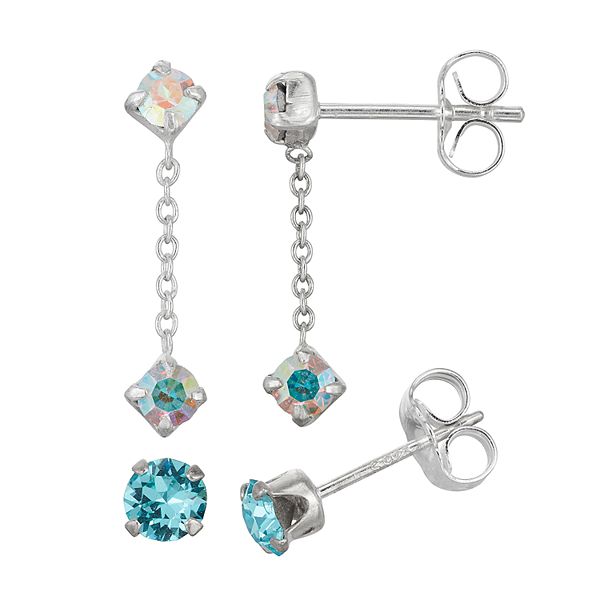 Charming Girl Sterling Silver Crystal Stud & Linear Drop Earring Set