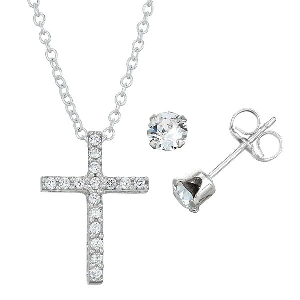 Glass Cross Earrings Pendant Necklace Jewelry Set Size 20" Ct 60 Stainless Steel 