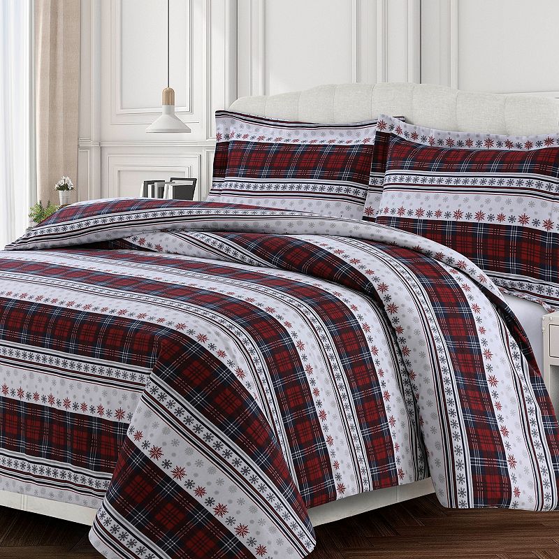 Heavyweight Printed Cotton Flannel Duvet Cover Set, Dark Red, King