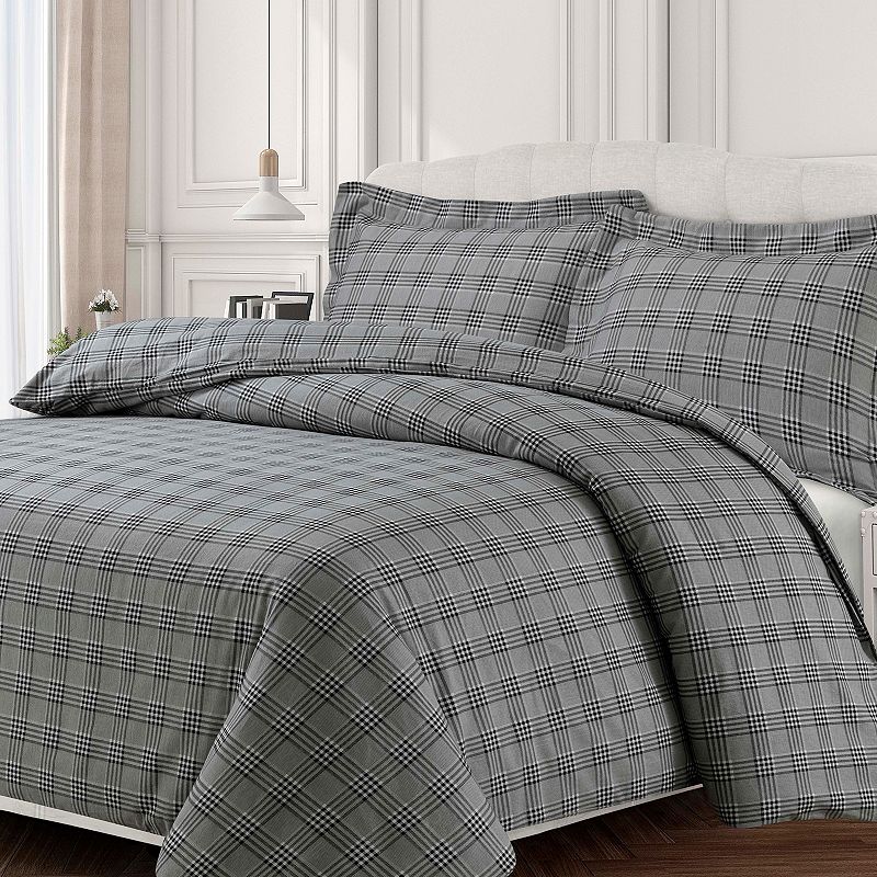 Heavyweight Printed Cotton Flannel Duvet Cover Set, Grey, Queen