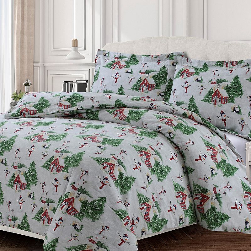 Heavyweight Printed Cotton Flannel Duvet Cover Set, Green, King
