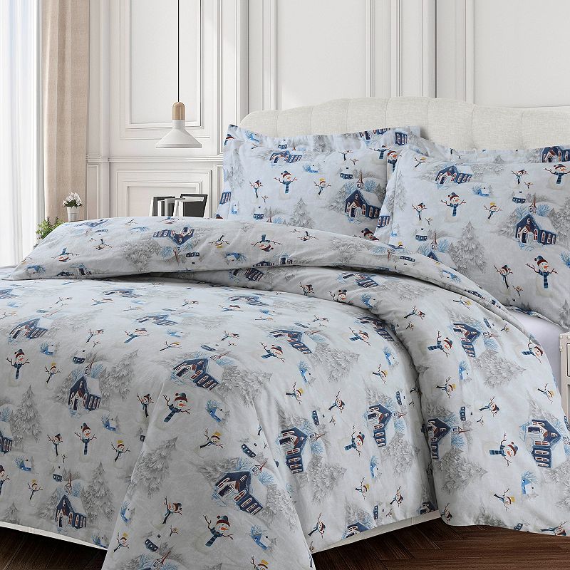 Heavyweight Printed Cotton Flannel Duvet Cover Set, Blue, King