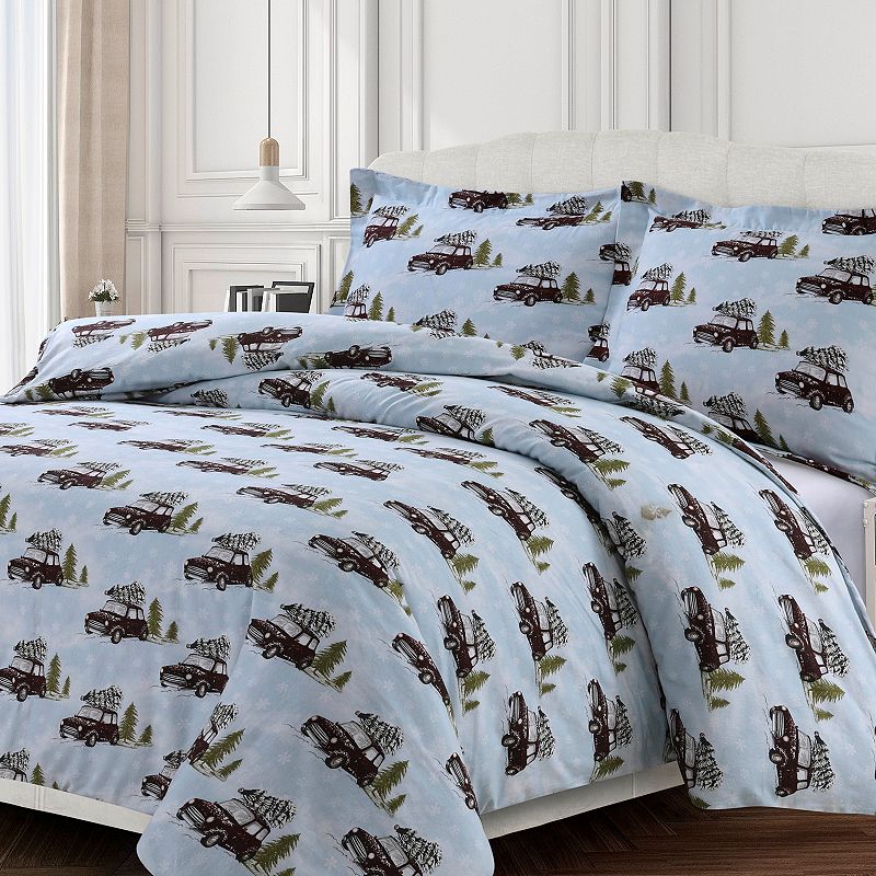 Heavyweight Printed Cotton Flannel Duvet Cover Set, Blue, King