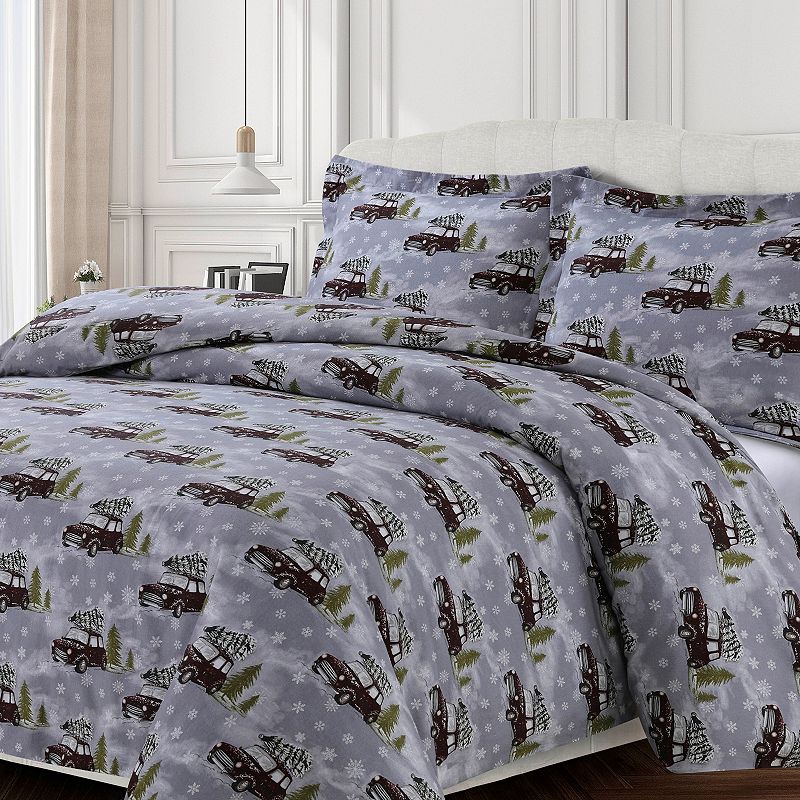 Heavyweight Printed Cotton Flannel Duvet Cover Set, Grey, King