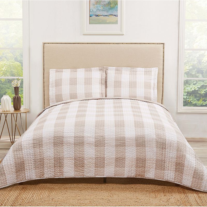 Truly Soft Everyday Buffalo Plaid Quilt and Sham Set, Beig/Green, Full/Quee