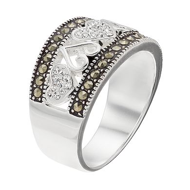 Silver Expressions by LArocks Marcasite and Crystal Hearts Ring