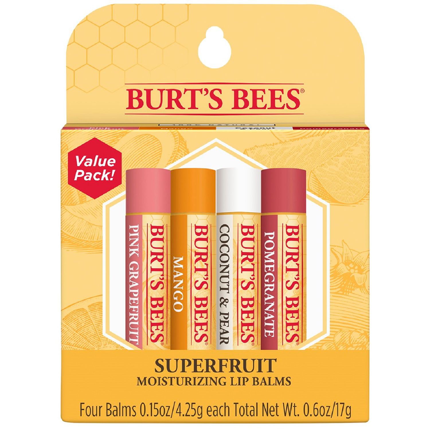 Burt's Bees 100% Natural Origin Moisturizing Lip Balm, Tropical Pineapple,  Berry Agua Fresca, Dragon Fruit Lemon and Coconut and Pear, 4 Tubes  Tropical 4 Count