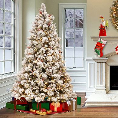 National Tree Company 7 1/2' Snowy Bedford Pine Tree with Red Berries, Cedar Leaves, Mixed Cones & 700 Clear Lights
