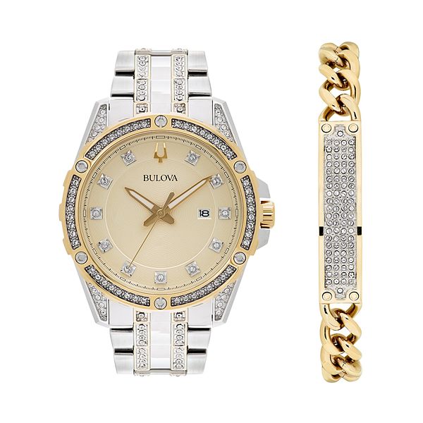 Bulova Men's Crystal Accent Two Tone Stainless Steel Watch & Chain Bracelet  Set - 98K106K