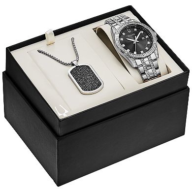 Bulova Men's Crystal Accent Stainless Steel Watch & Dog Tag Necklace Set - 96K104K