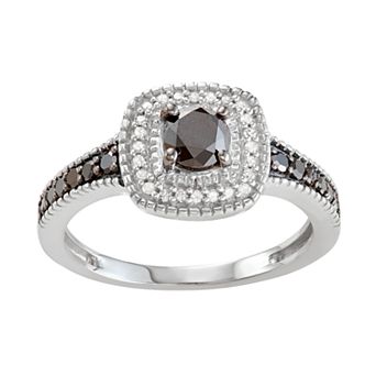 Jewelexcess Sterling Silver 3/4 C.T. Black & White Diamond Square Ring
