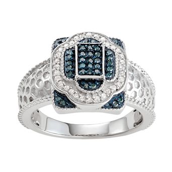 Jewelexcess Sterling Silver 1/4 C.T. Blue & White Diamond Layering Ring