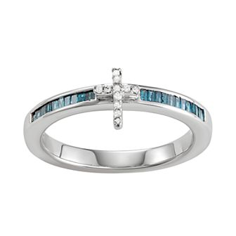 Jewelexcess Sterling Silver Blue & White Diamond Accent Cross Ring