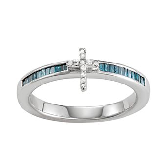 Jewelexcess Sterling Silver Blue & White Diamond Accent Cross Ring